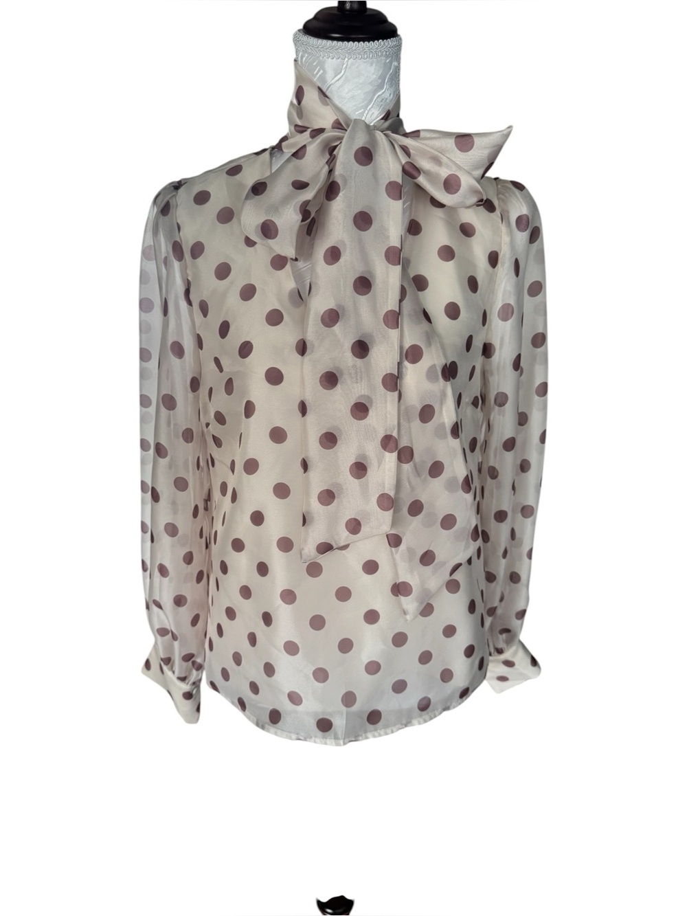 Melloday Silk-Look Polka Dot Tie-Neck Blouse - Cream with Taupe Dots